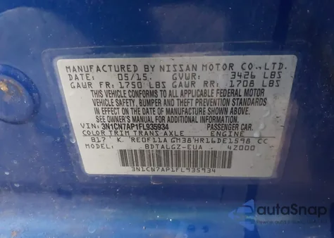 2015 Nissan Versa 1.6 S/1.6 S+/1.6 Sl/1.6 Sv from USA, damaged, VIN 3N1CN7AP1FL935934